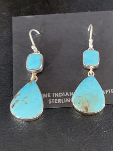 Kingman Turquoise Dangle Earrings | Navajo Sterling Silver | Authentic Native American Handmade | 14078