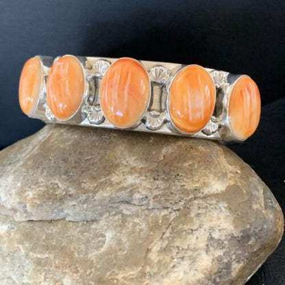 Native American Navajo Orange Spiny Oyster Row Cuff Bracelet | Sterling Silver | 1409