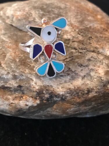 Zuni Peyote Bird Ring | Turquoise Onyx Coral Mother of Pearl Inlay | Sz 6.6 | Sterling Silver | 10792