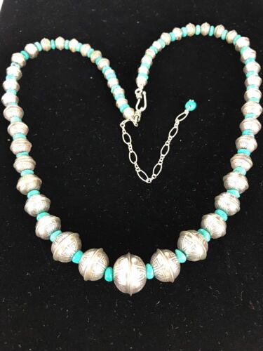 Navajo Pearls Turquoise Bead Necklace | Sterling Silver | 25" Single Strand | Southwestern | 00104