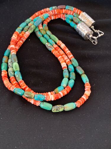 Navajo Green Turquoise Spiny Necklace Set | Sterling Silver | Authentic Native American Handmade | 2979