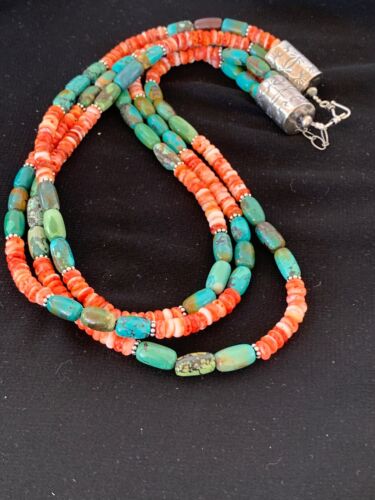 Navajo Green Turquoise Spiny Necklace Set | Sterling Silver | Authentic Native American Handmade | 2979 - Masha USA