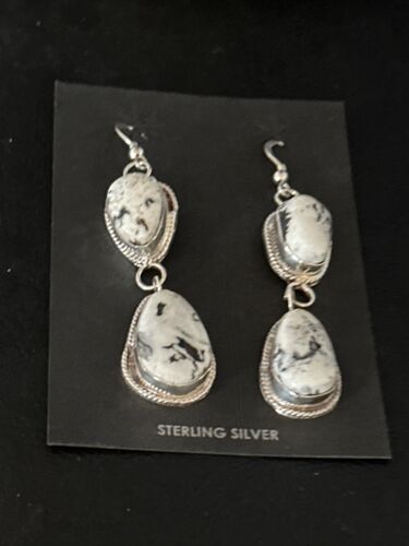 Navajo White Buffalo Turquoise Dangle Earrings | Sterling Silver | 2" | Authentic Native American Handmade | 14714