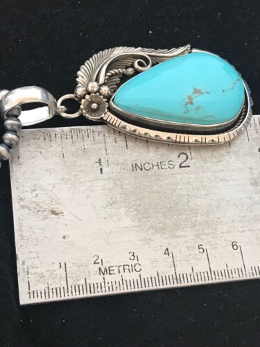 Kingman Turquoise Pendant | Navajo Pearls Sterling Silver Necklace | Authentic Native American Handmade | 8573