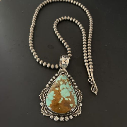 Navajo Pearls Necklace with Blue Turquoise #8 Pendant | Sterling Silver | Native American Handmade | 11294