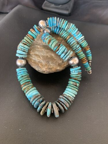 Navajo Blue Green Turquoise Necklace | Sterling Silver | Authentic Native American | 20" | Graduated | 11885