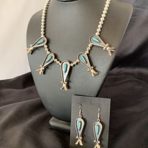 Navajo Squash Blossom Necklace & Earrings Set | Kingman Turquoise | Sterling Silver | Authentic Native American Handmade | 10925