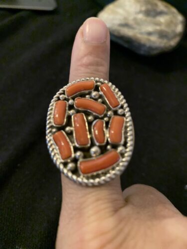 Navajo Red Coral Cluster Ring | Authentic Native American Sterling Silver | Multi-Stone | Sz 9 | 00509