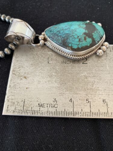 Navajo Pearls Necklace with Spiderweb Turquoise Pendant | Sterling Silver | Authentic Native American Handmade | 00810