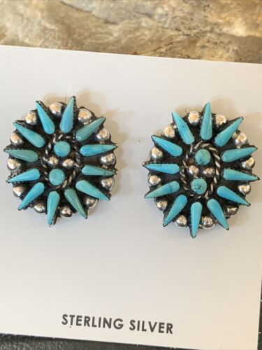 Navajo Blue Cluster Turquoise Stud Post Earrings | Sterling Silver | Authentic Native American Handmade | 12302