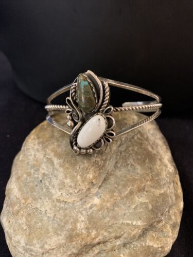 Navajo White Buffalo Turquoise Cuff Bracelet | Sterling Silver | Authentic Native American Handmade | 347
