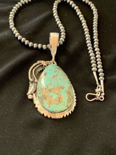 Men's Blue Turquoise Pendant Necklace | Navajo Pearls | Sterling Silver | Authentic Native American Handmade | 2565