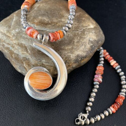 Navajo Orange Spiny Oyster Pendant Necklace | Sterling Silver | Authentic Native American Handmade | 13651