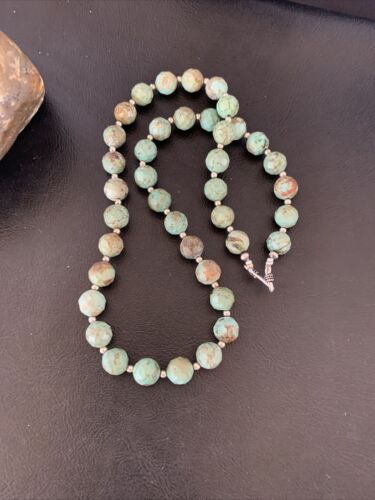 Navajo Pearls Necklace | Sterling Silver | Faceted Green Turquoise | Authentic Native American Handmade | 20" | 11737 - Masha USA