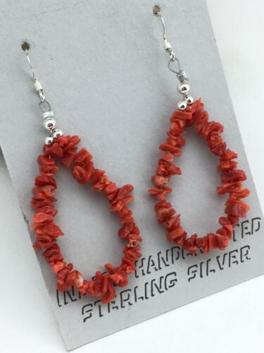Native American Sterling Silver Navajo Red Coral Earrings | 2" | 1086
