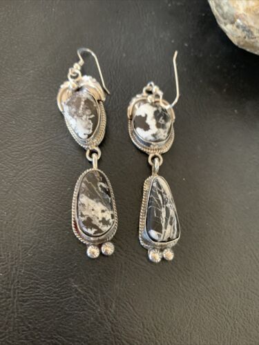 White Buffalo Turquoise Dangle Earrings | Sterling Silver | 2.5" | Authentic Native American Handmade | 12156
