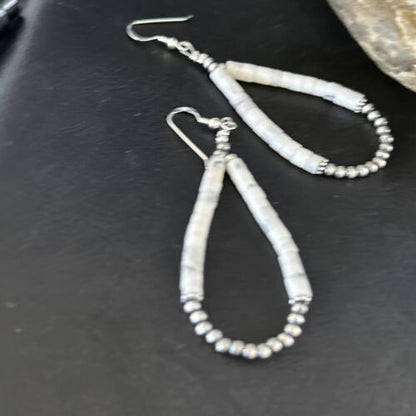 Navajo White Howlite Heishi Dangle Earrings | Sterling Silver | 2" | Authentic Native American Handmade | 14480