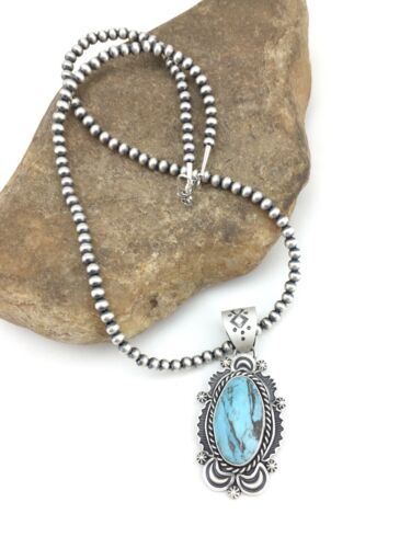 Navajo Blue Turquoise Pendant Necklace | Sterling Silver | 2.75" | Authentic Native American Handmade | 1302