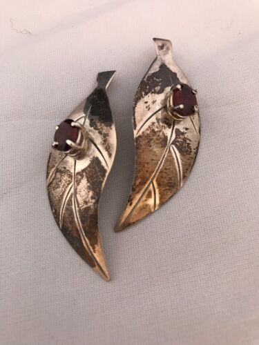 Handmade Feather Garnet Earrings | Old Pawn Sterling Silver | 2" | 13064