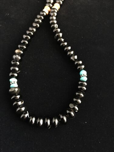 Navajo Black Onyx Turquoise Necklace | Sterling Silver | 18" | Authentic Native American Handmade | 10022