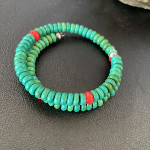 Navajo Coral Green Turquoise Bracelet | Stainless Steel Memory Wire | Authentic Native American Handmade | 13313