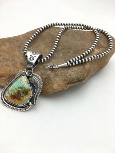 Navajo Pearls Sterling Silver Royston Turquoise Necklace Pendant Set | 2.75" | Authentic Native American Handmade | 2880