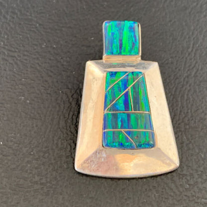Authentic Native American Navajo Sterling Silver Blue Opal Inlay Pendant | Handmade Jewelry | 13338