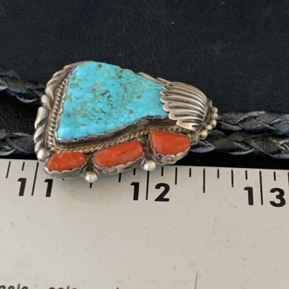 Ultra Rare Men's Bolo Tie | Blue Kingman Turquoise & Coral | Sterling Silver | Navajo | 13669