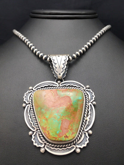 Royston Turquoise Pendant | Navajo Pearls Sterling Silver Necklace | Authentic Native American Handmade | 4276