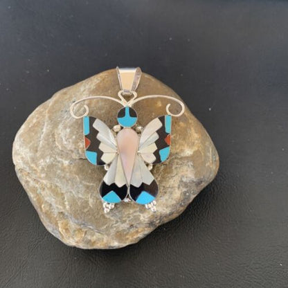 Zuni Blue Turquoise Coral Butterfly Inlay Pendant | Sterling Silver Necklace | Authentic Native American Inlay | 11967 - Masha USA