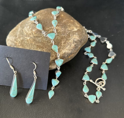 Navajo Kingman Turquoise Lariat Necklace & Earrings Set | Sterling Silver | 24" Necklace | Authentic Native American Handmade | 14646