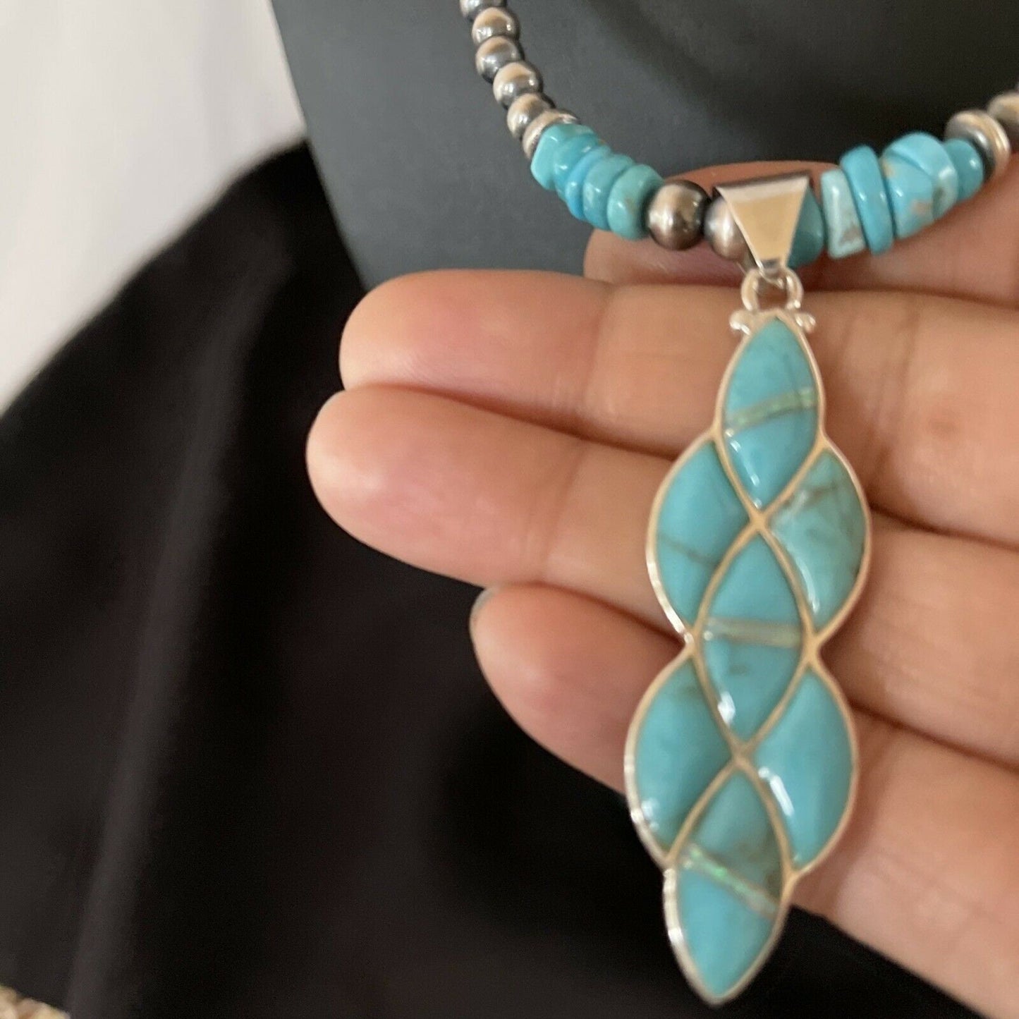 Authentic Native American Navajo Sterling Silver Pendant | Blue Turquoise & Opal Inlay Necklace | 11329