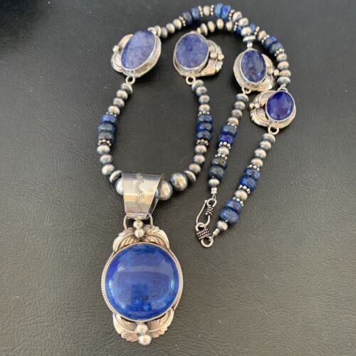 Navajo Pearl Sterling Silver Blue Lapis Necklace with 5 Pendants | Authentic Native American Handmade | 10864