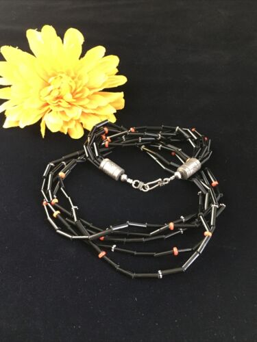 Navajo Black Onyx Coral Turquoise Bead Necklace | 5 Strand Sterling Silver | 19" | 10038