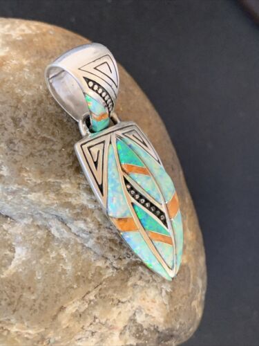 Navajo Spiny White Green Opal Inlay Pendant | Sterling Silver | Authentic Native American Handmade | 12481