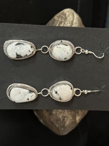 Navajo White Buffalo Turquoise Dangle Earrings | Sterling Silver | 2" | Authentic Native American Handmade | 14712