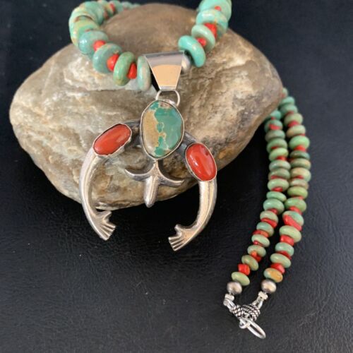 Navajo Pearl Necklace with Royston Turquoise & Coral Naja Pendant | Sterling Silver | 13813