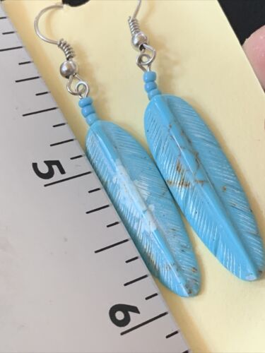 Navajo Turquoise Feather Slab Earrings | Sterling Silver Dangle | Authentic Native American Handmade | 12008