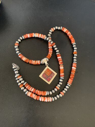 Navajo Pearls Red Spiny Oyster Opal Inlay Pendant Necklace | Sterling Silver | 22" | 12705