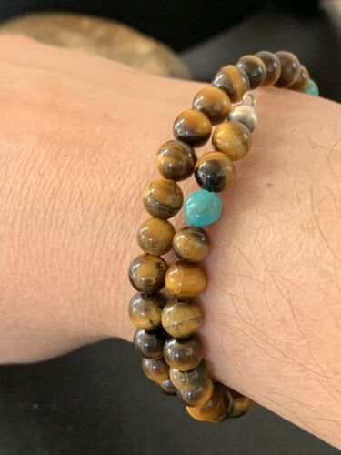 Stainless Steel Memory Wire Bracelet | Tiger's Eye & Turquoise | Southwestern Navajo Style | 1419