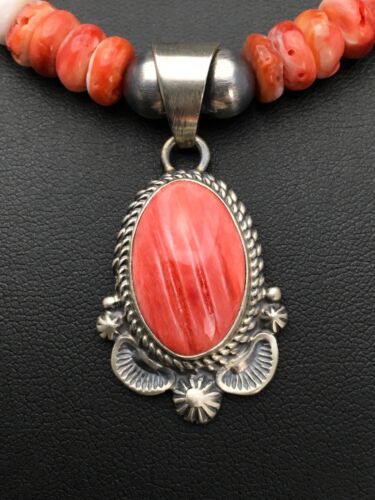 Navajo Red Spiny Oyster Pendant Necklace | Sterling Silver | Authentic Native American Handmade | 2690