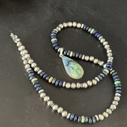Navajo Green Turquoise Lapis Necklace with Opal Pendant | Sterling Silver | Authentic Native American Handmade | 14370