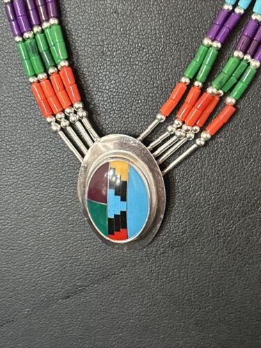 Multi-Color Liquid Silver Heishi 5-Strand Necklace | Sterling Silver Pendant | 14823