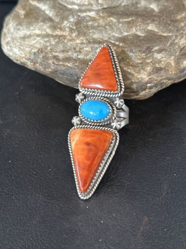 Navajo Orange Spiny Oyster Multi-Stone Ring | Authentic Native American Sterling Silver | Multi-Stone | Sz 6.5 | 14505