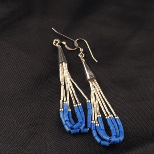 Liquid Sterling Silver Heishi Dangle Earrings | Blue Denim Lapis | 2" | 2005