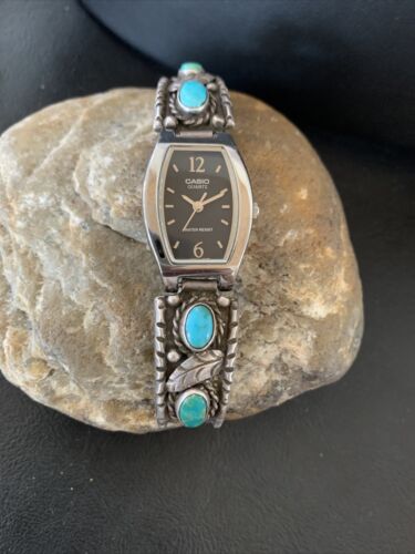 Vintage Navajo Sterling Silver Watch Tips | Old Pawn Blue Turquoise Band | Authentic Native American Jewelry