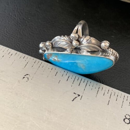 Navajo Blue Kingman Turquoise Ring | Sterling Silver Feather | Sz 9.5 | 10854