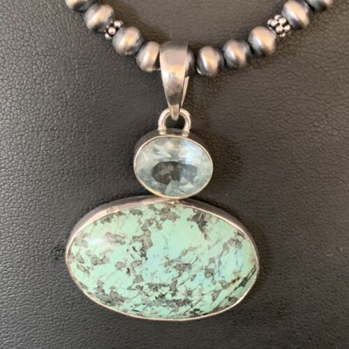 Navajo Pearls Necklace with Blue Spiderweb Turquoise Pendant | Sterling Silver | 13910