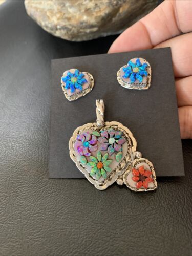 Zuni Multi-Color Opal & Mother of Pearl Necklace Pendant Earrings Set | Sterling Silver | Authentic Native American Handmade | 12560