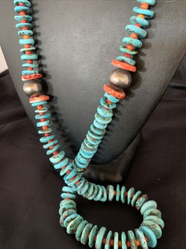 Navajo Natural Turquoise & Spiny Oyster Necklace | Sterling Silver | Authentic Native American | 32" | 13248